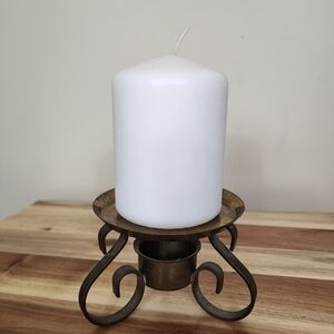 VTG Brass Tone Pillar Candle Holder MCM Patina